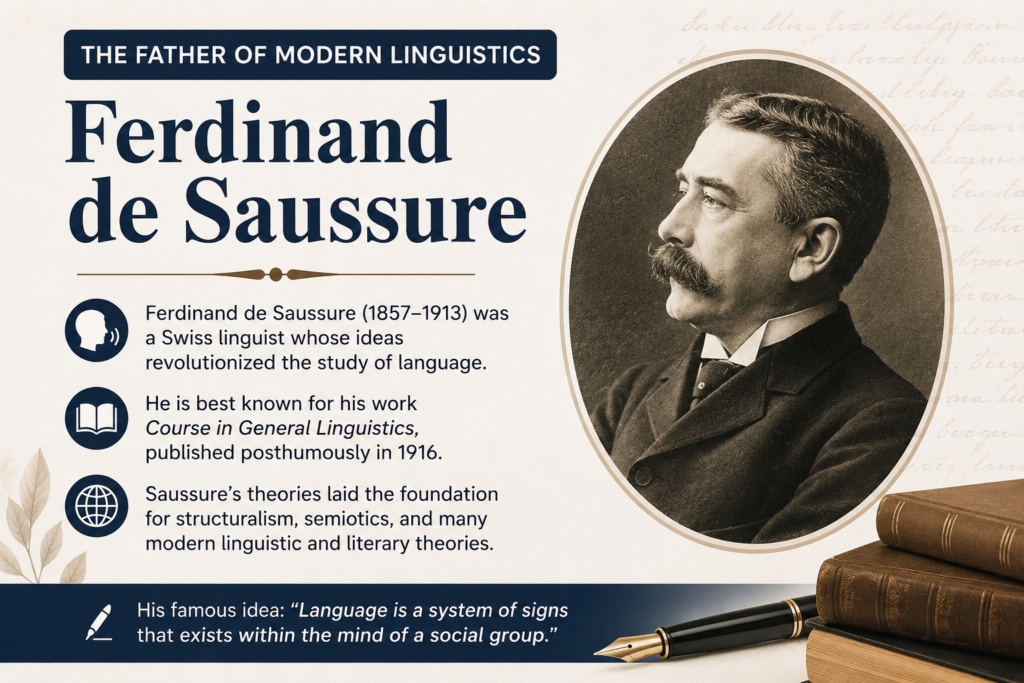 Ferdinand de Saussure educational infographic featuring a vintage portrait of the father of modern linguistics alongside key facts about his life, Course in General Linguistics, structuralism, semiotics, and the concept of language as a system of signs, presented in a clean beige and navy academic design.