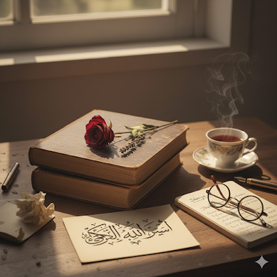 Aesthetic vintage desk with an open book, a flower, and a note with Arabic calligraphy