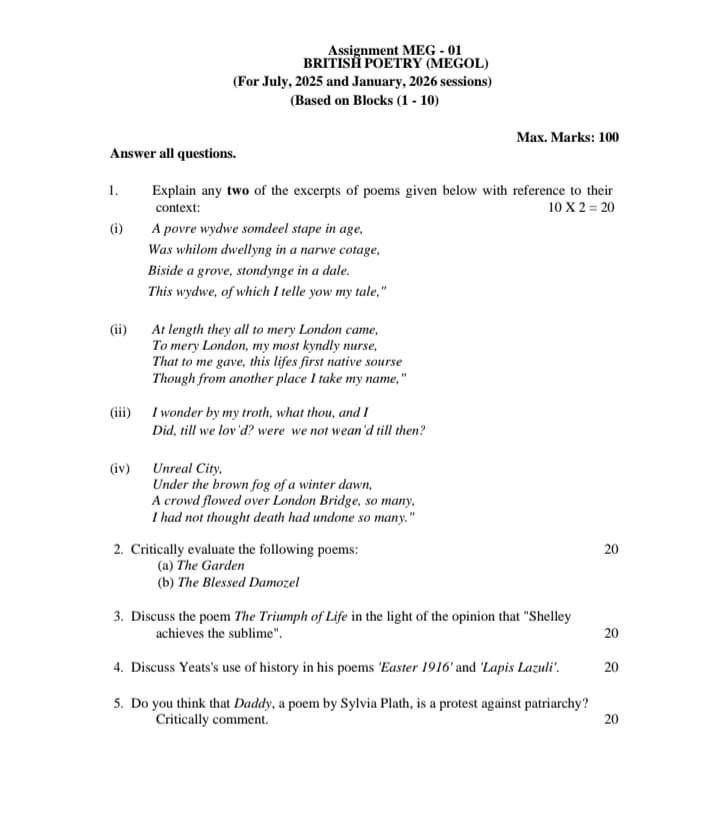 IGNOU MEG-01 Solved Assignment 2025–26 (British Poetry)