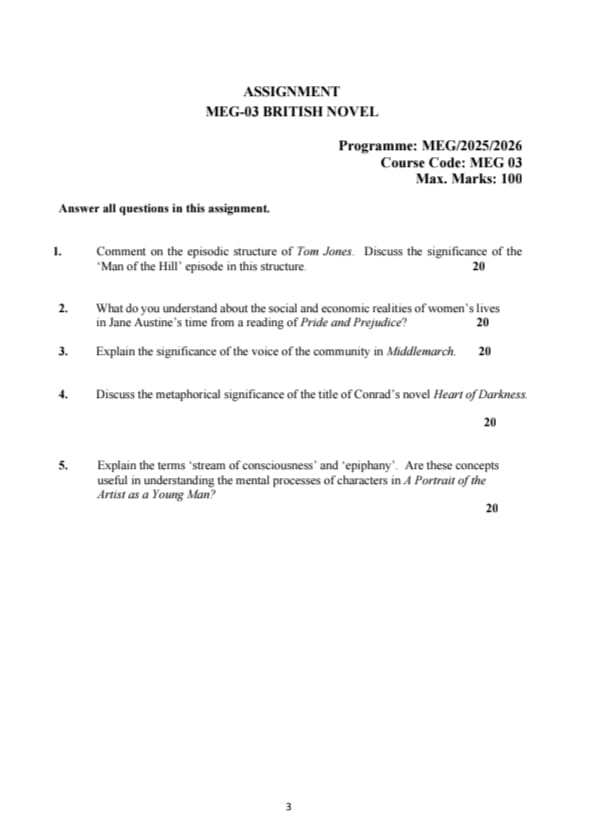 IGNOU MEG-03 Solved Assignment 2025–26 (British Novel) | Complete Answers