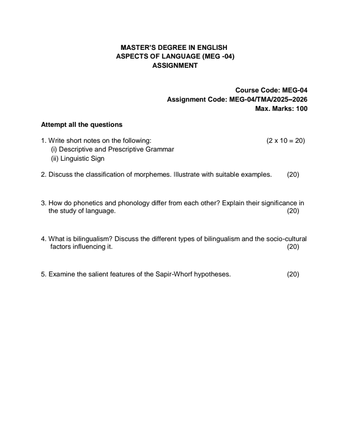 IGNOU MEG-04 Solved Assignment 2025-26 – Aspects of Language, Official Questions
